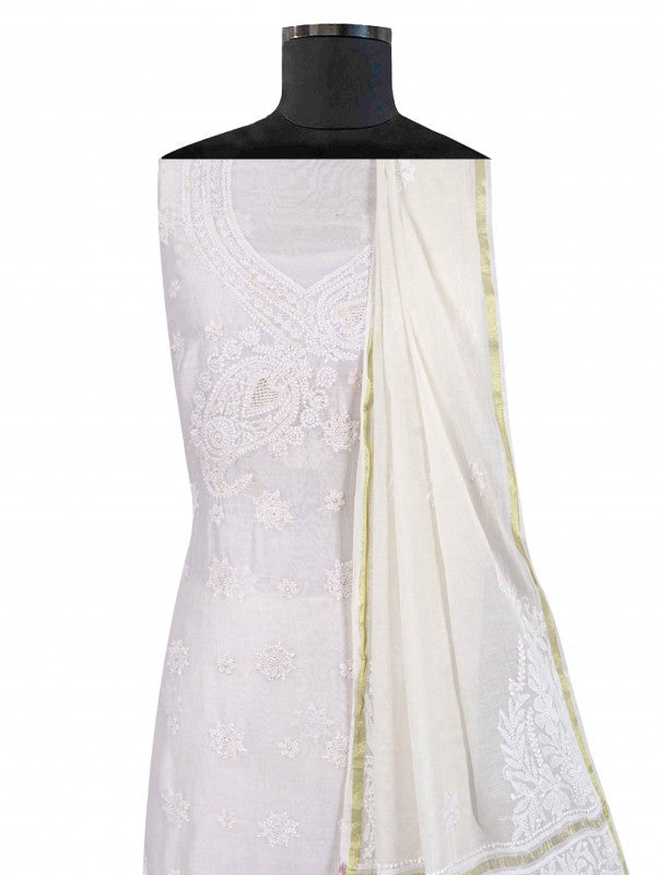 Ada Hand Embroidered White Chanderi Lucknowi Chikan Unstitched Kurta Dupatta Set A594194