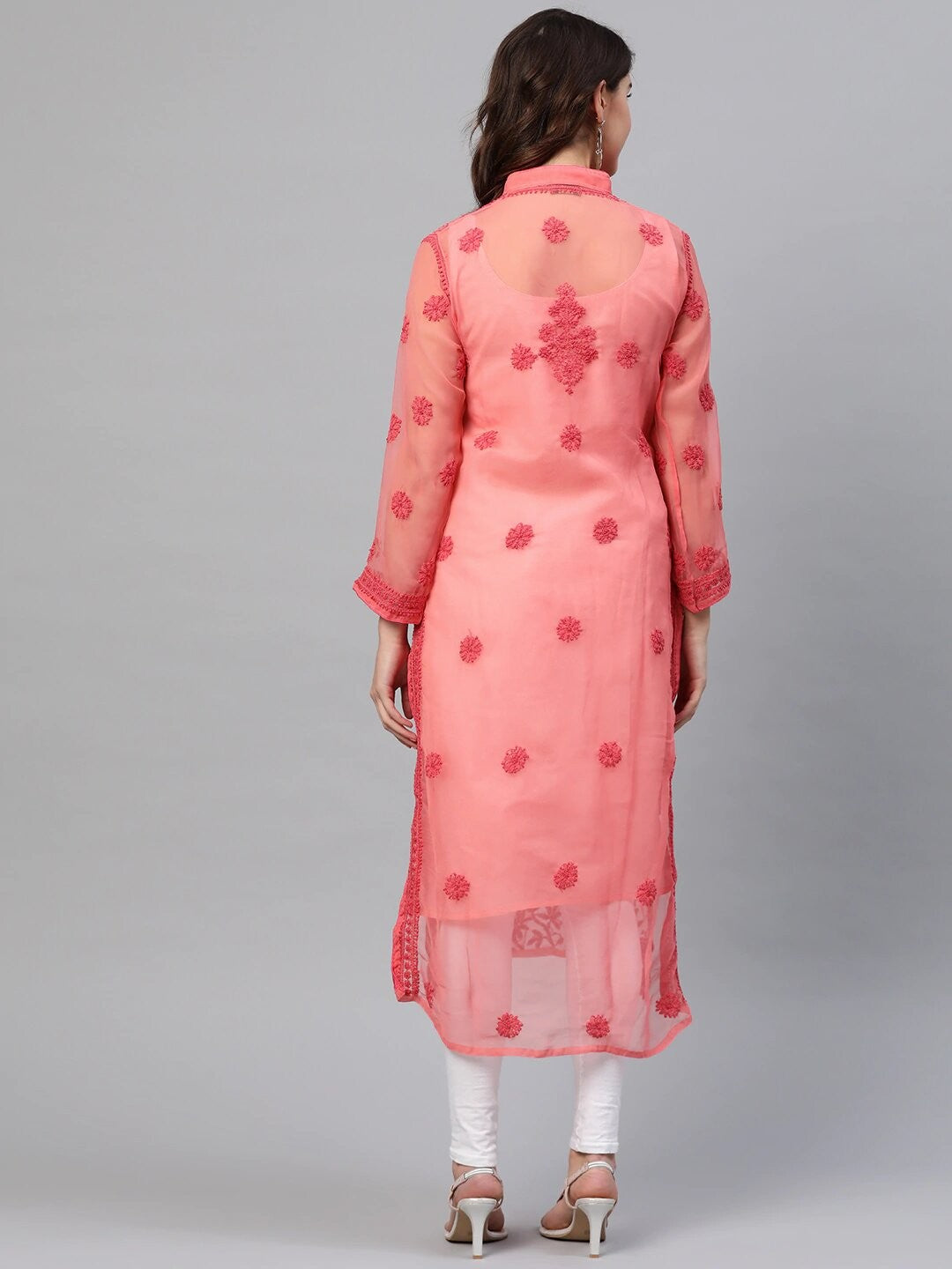 Ada Hand Embroidered Carrot Pink Georgette Lucknow Chikan Straight Kurta with Slip A225881