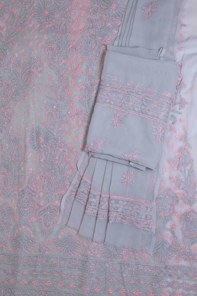 Ada Hand Embroidered Grey Georgette Lucknowi Chikan Unstitched Suit Piece A211184