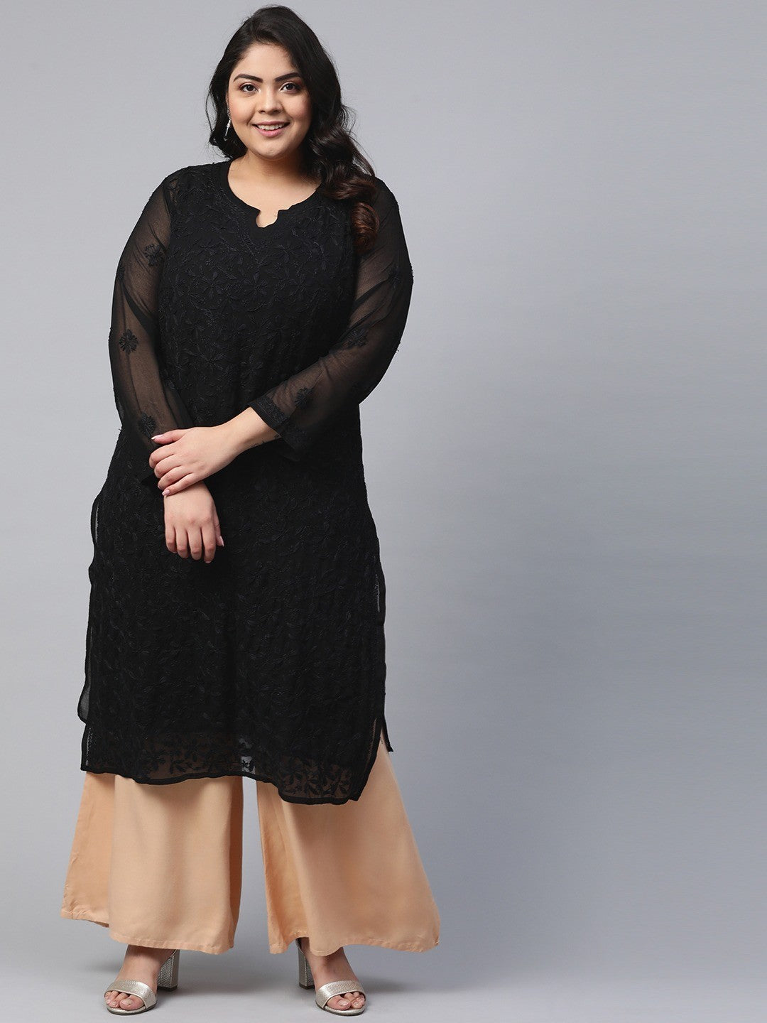 Ada Hand Embroidered Black Georgette Lucknow Chikankari Straight Kurta with Slip A200509