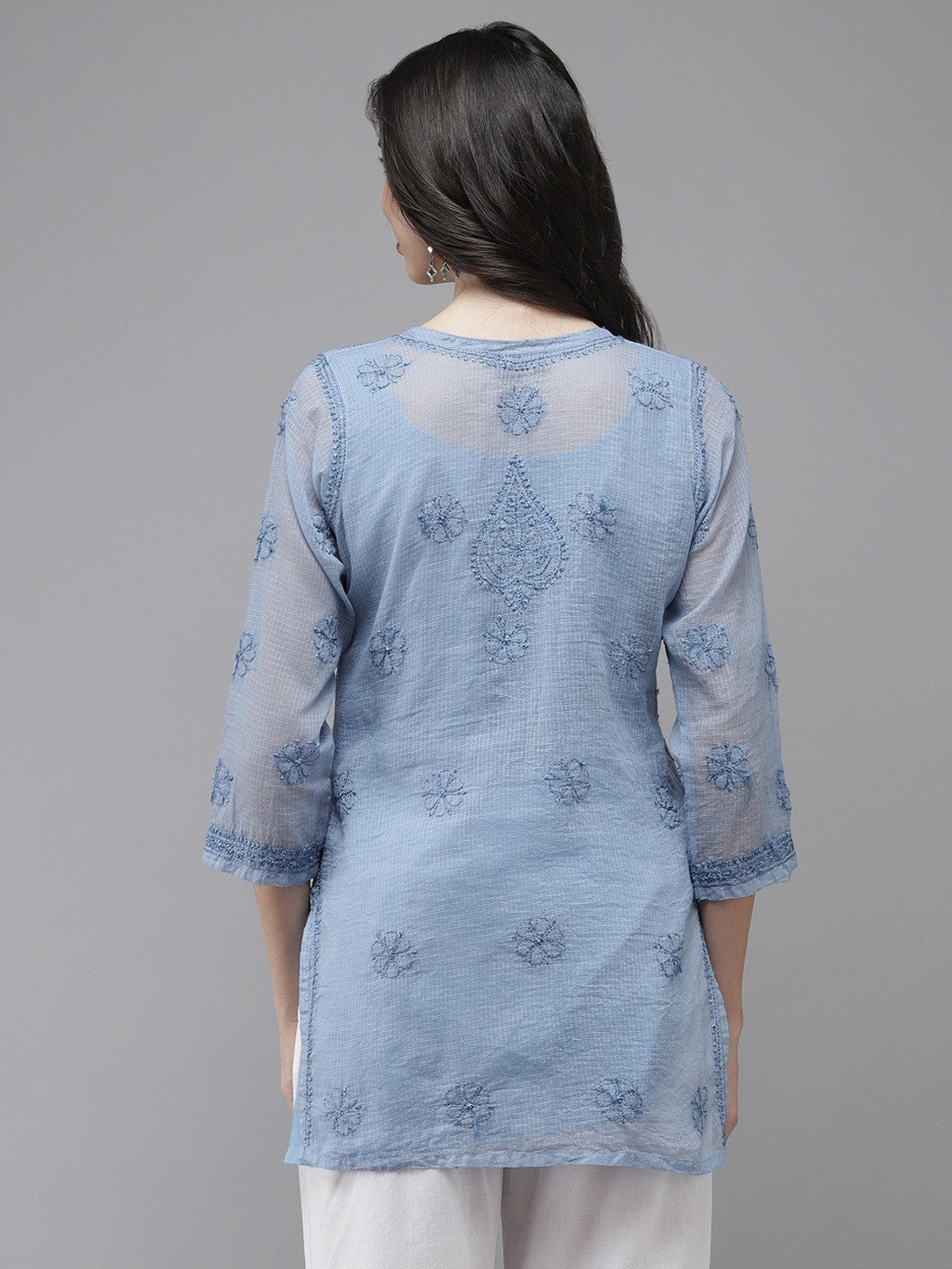 Ada Hand Embroidered Blue Kota Lucknow Chikan Kurti With Slip A911182