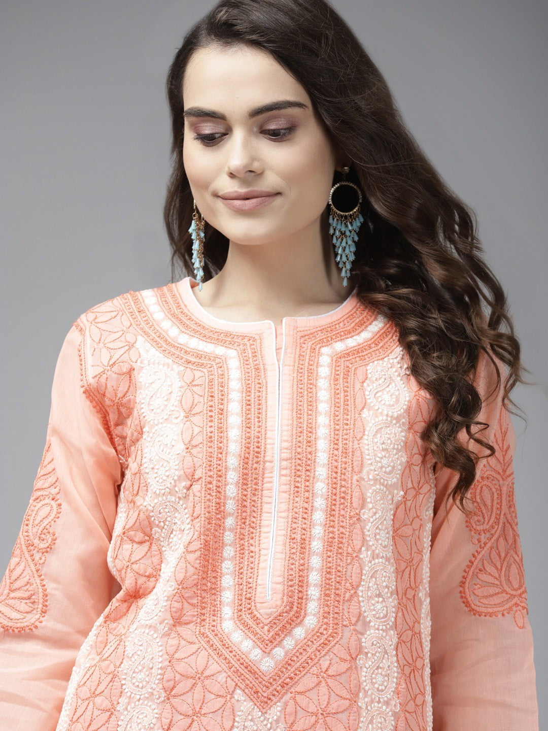 Ada Hand Embroidered Peach Cotton Lucknowi ChikanKari Kurta A411257