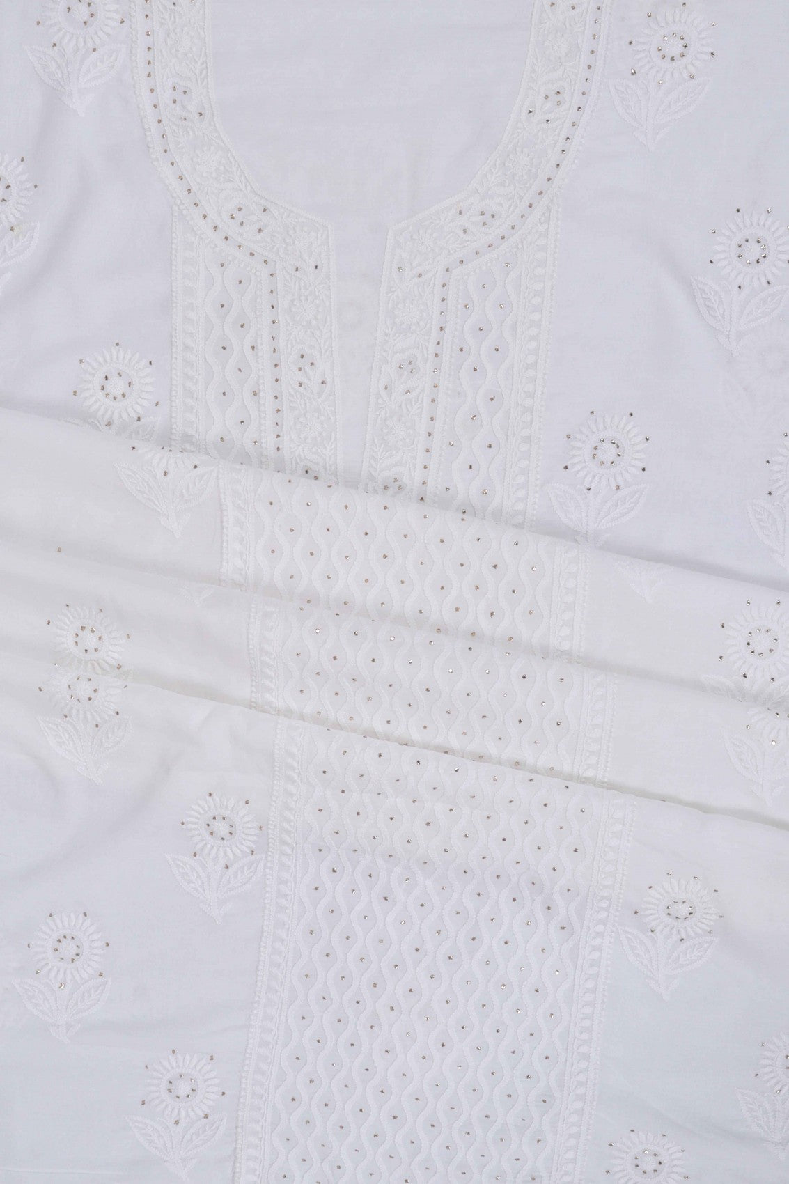 Ada Hand Embroidered White Cotton Lucknowi Chikankari Unstitched Suit Piece With Muqaish Work 01A259997