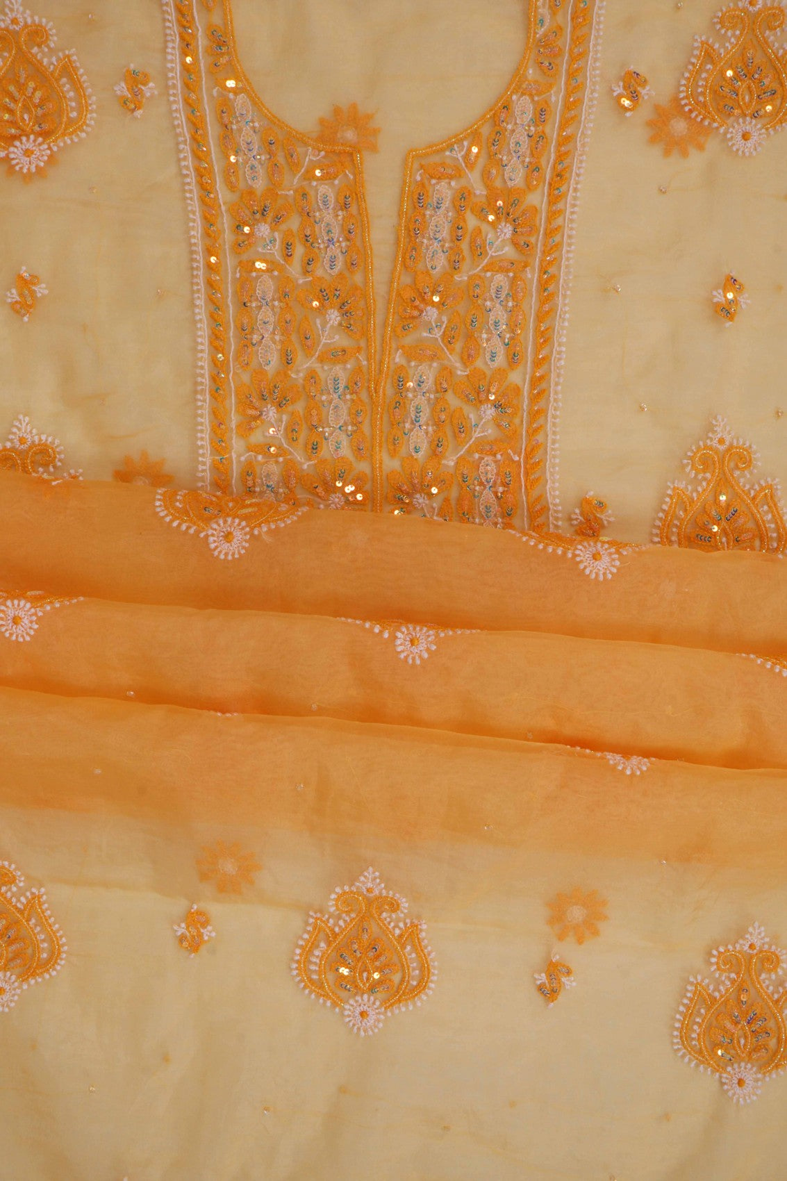 Ada Hand Embroidered Tangerine Orange Organza Lucknowi Chikankari Unstitched Kurta Dupatta Set With Sequinned Work 01A133669