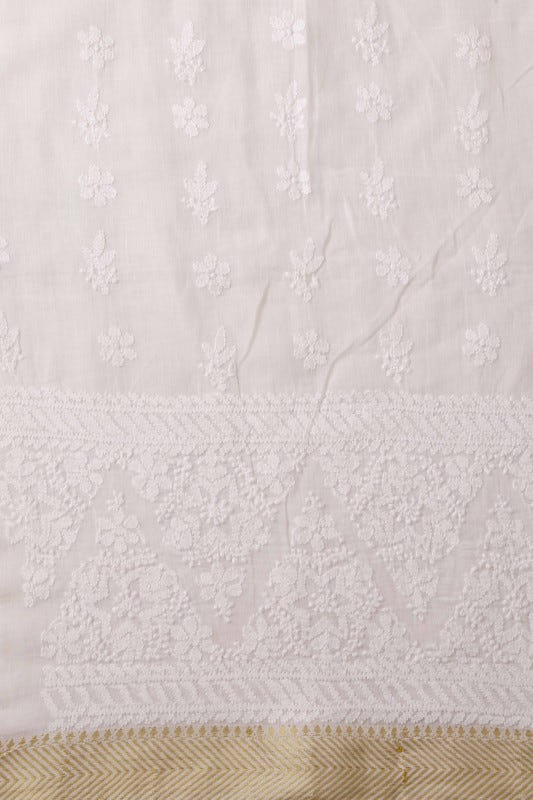 Ada Hand Embroidered White Cotton Lucknowi Chikan Unstitched Kurta Dupatta Set  A502818
