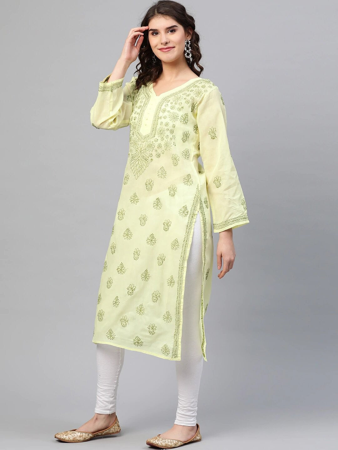 Ada Hand Embroidered Lemon Cotton Lucknowi Chikankari Straight Kurta A275710