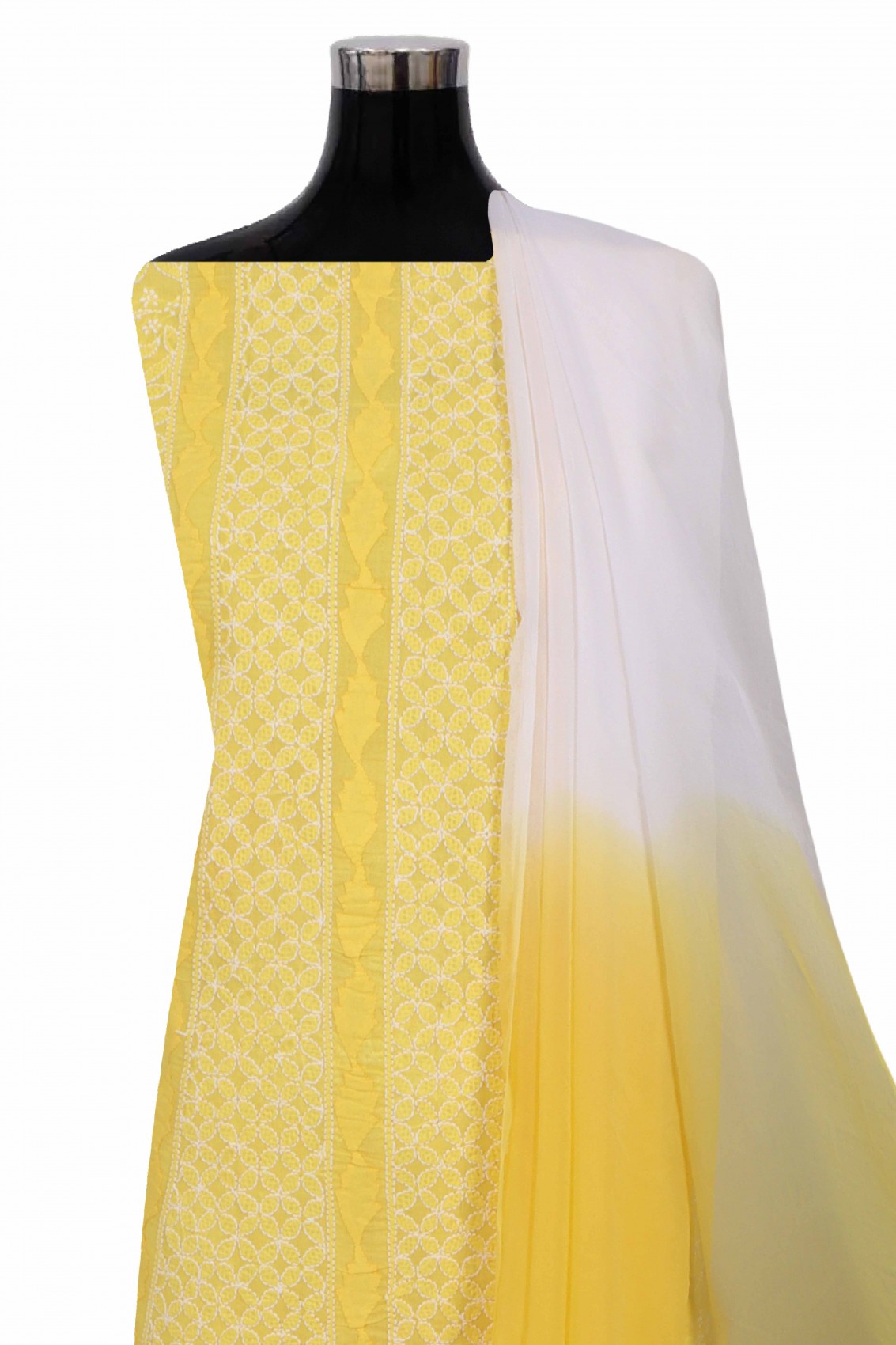 Ada Hand Embroidered Yellow Cotton Lucknowi Chikankari Unstitched Suit Piece 01A285115