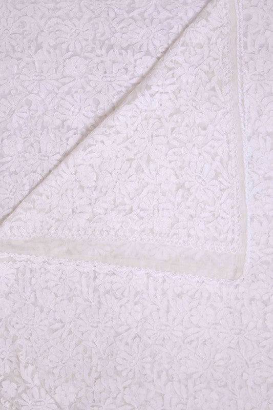 Ada Hand Embroidered White Net Lucknowi Chikankari Dupatta-A478790