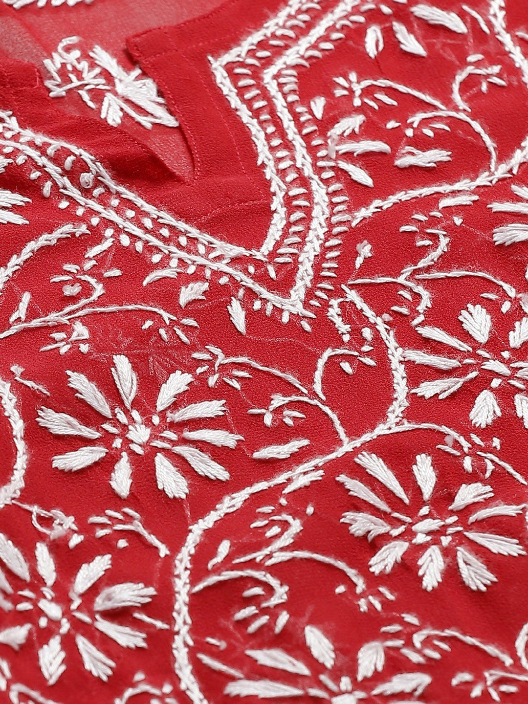 Ada Hand Embroidered Red Georgette Lucknowi Chikankari Straight Kurta/Palazzo Set With Slip A811143