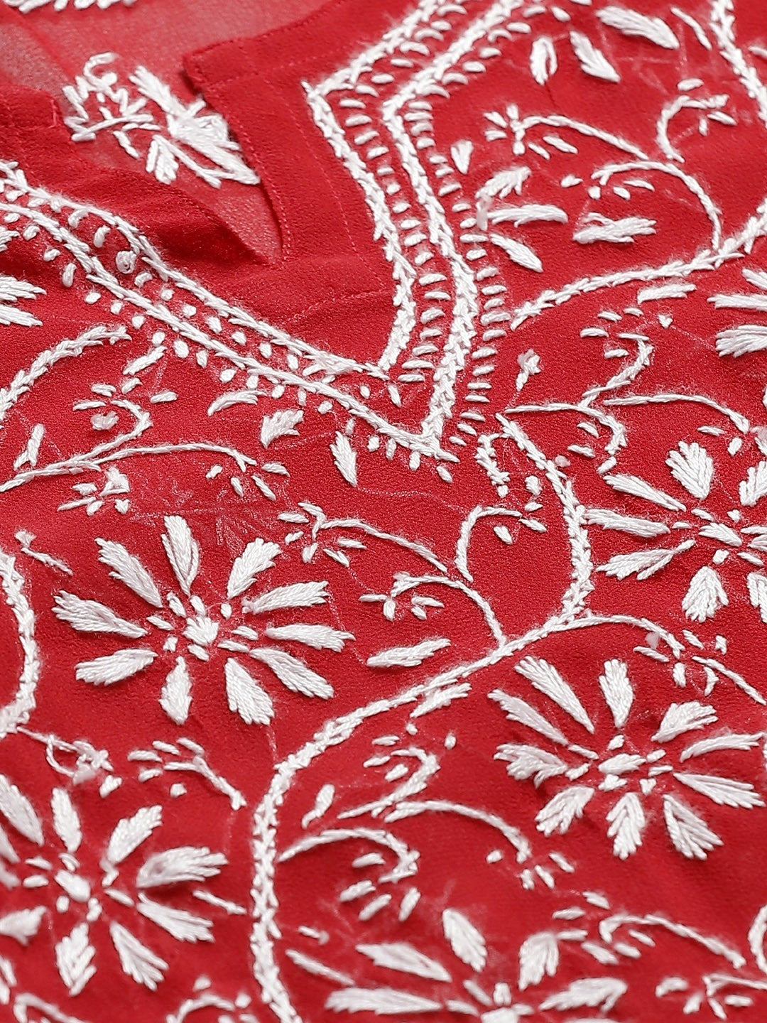 Ada Hand Embroidered Red Georgette Lucknowi Chikankari Straight Kurta/Palazzo Set With Slip A811143