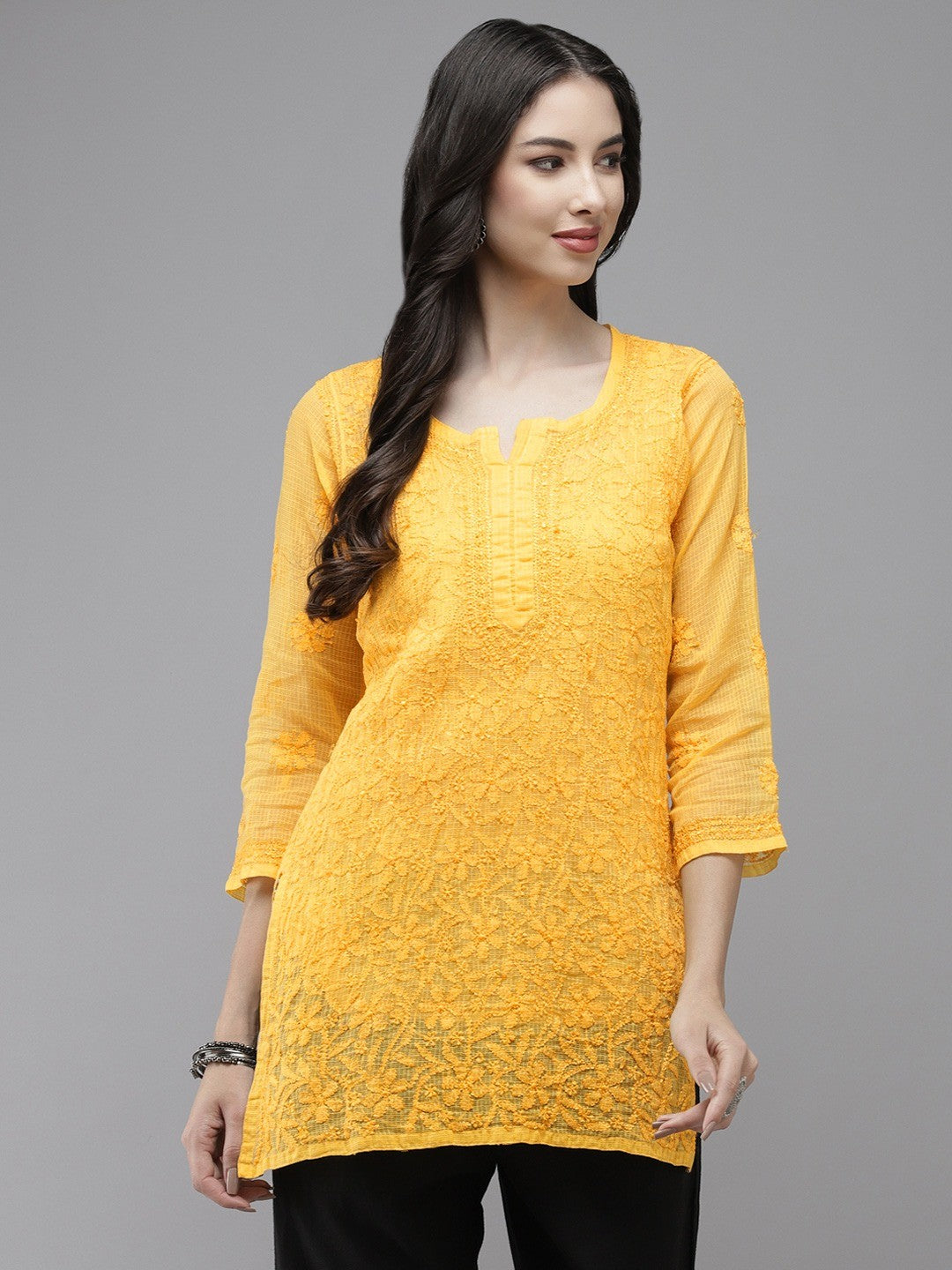 Ada Hand Embroidered Yellow Kota Lucknowi Chikankari Short Kurti With Slip A911179