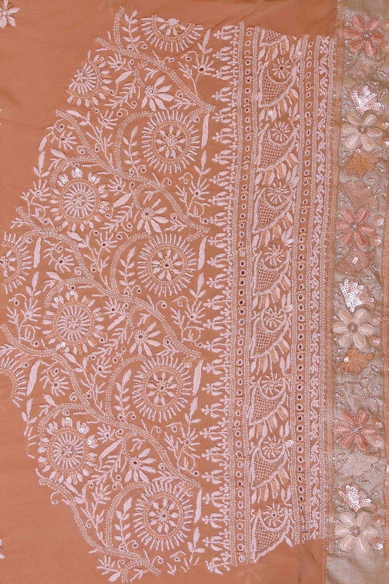 Ada Hand Embroidered Peach Pure Georgette Lucknowi Chikankari Saree/Blouse With Pearl & Sequinned Work -A230256