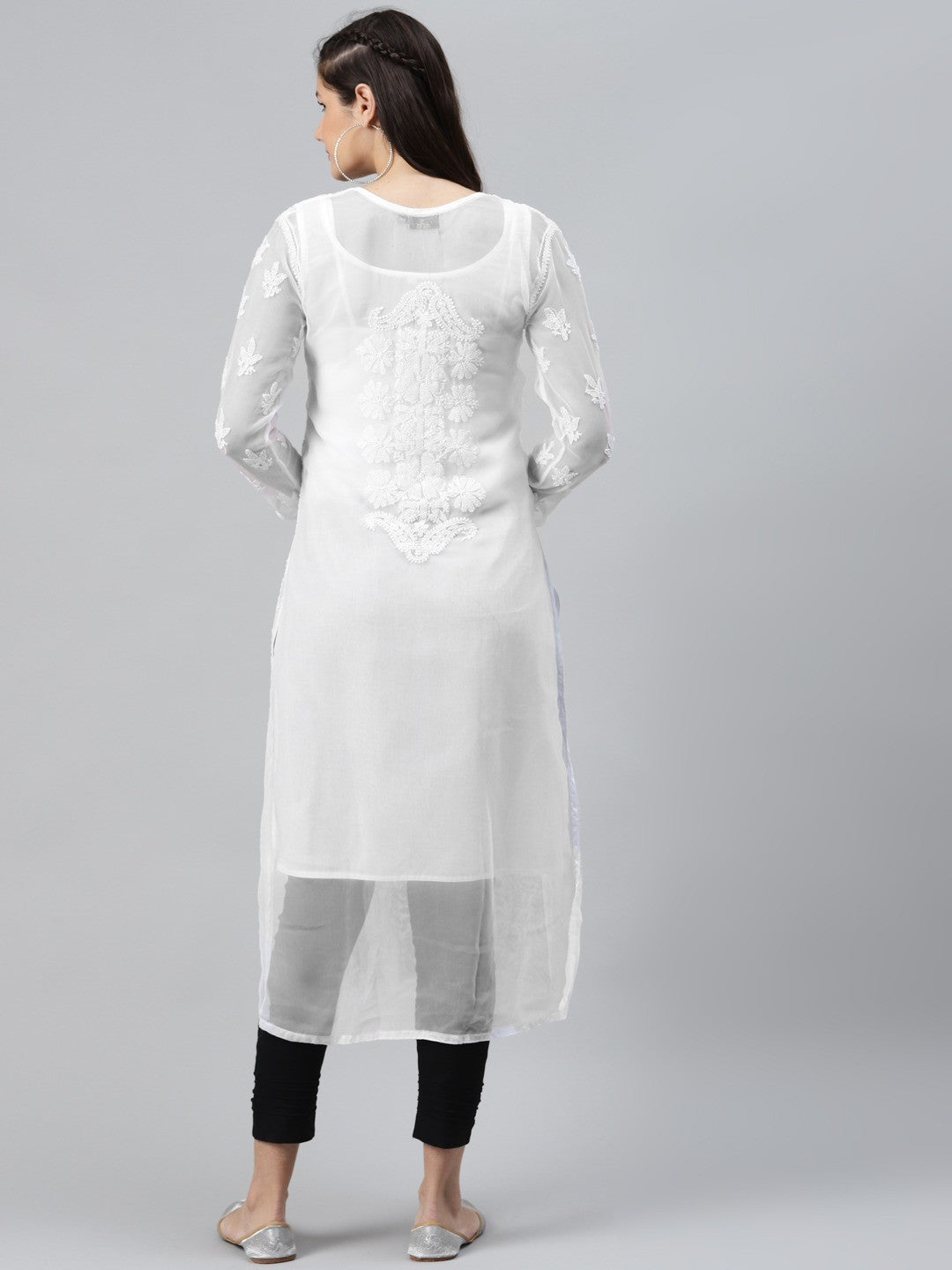 Ada Hand Embroidered White Georgette Lucknowi Chikankari Straight Kurta Set With Slip A811192