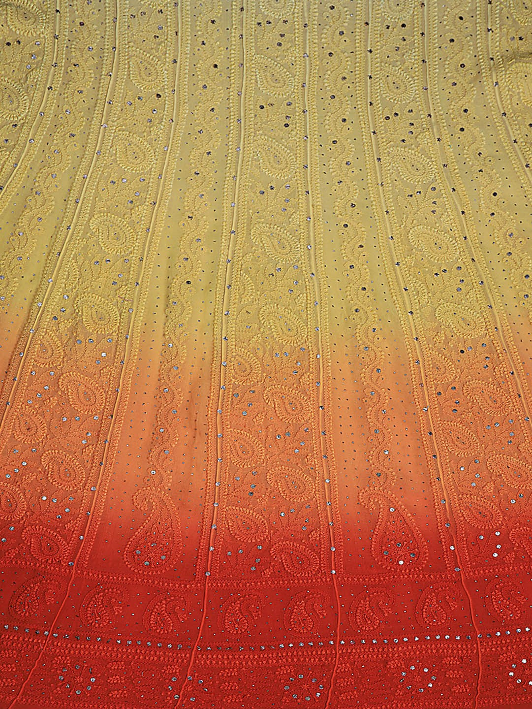 Ada Hand Embroidered Yellow & Orange Shaded Georgette Lucknowi Chikankari Semi-stitched Anarkali Kurta Dupatta Set With Muqaish Work- A608779