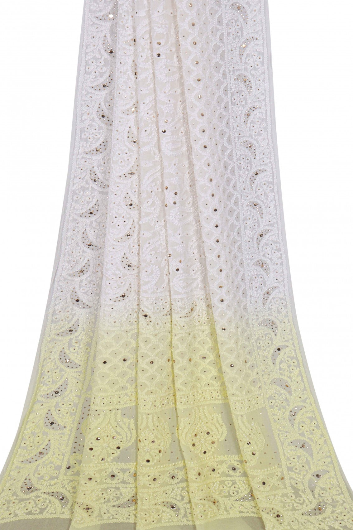 Ada Hand Embroidered Dual Shade Lemon/White Georgette Lucknowi Chikankari Dupatta With Muqaish Work 01A187051