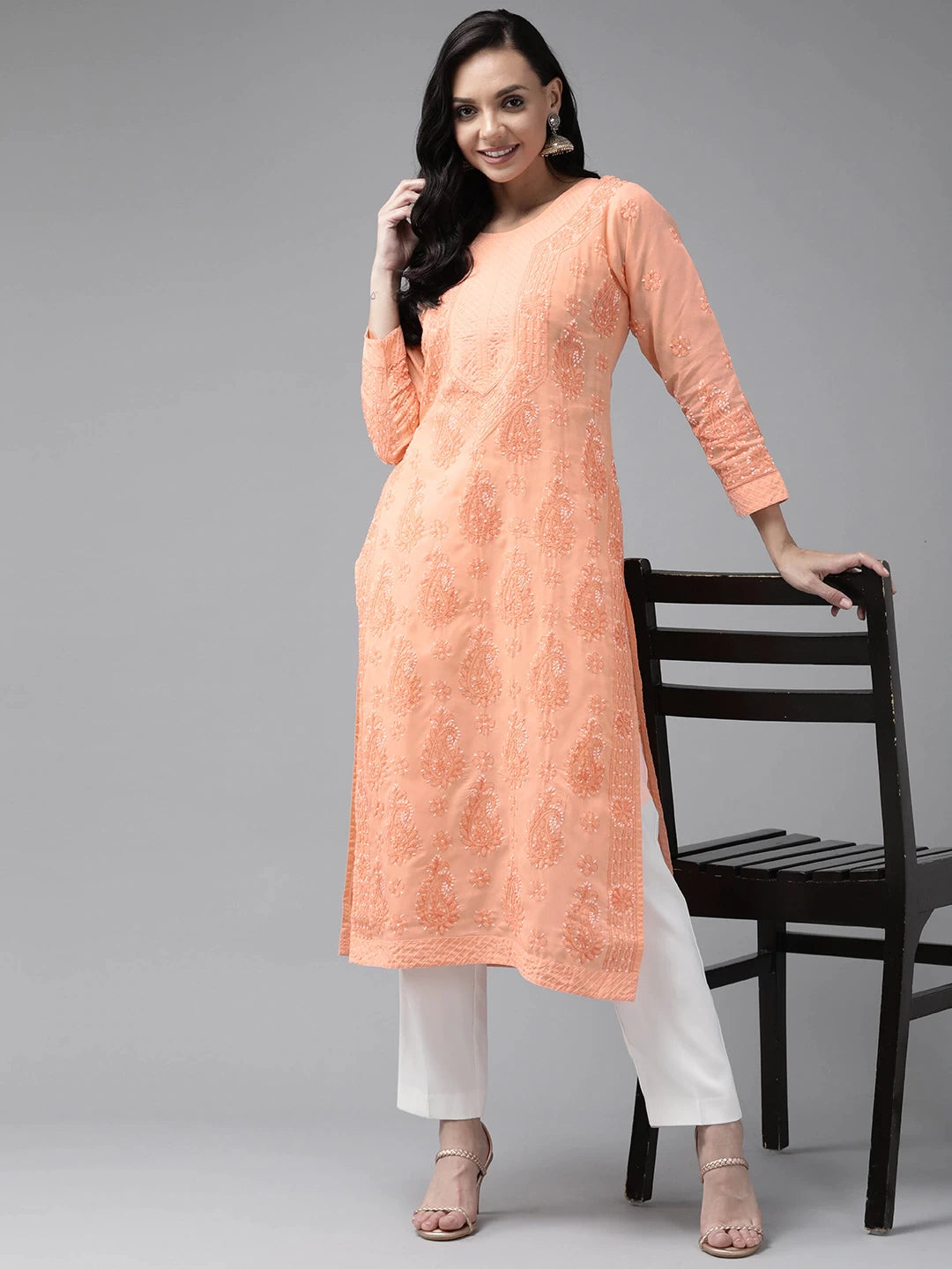 Ada Hand Embroidered Peach Cotton Lucknow Chikankari Straight Kurta A233843