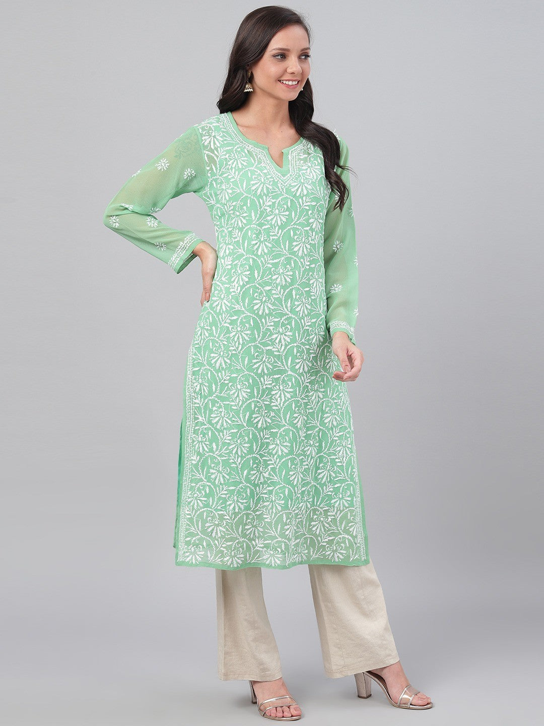 Ada Hand Embroidered Green Georgette Lucknowi Chikankari Straight Kurta with Slip A229644