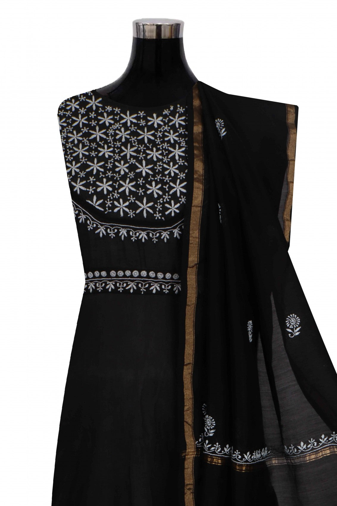 Ada Hand Embroidered Black Chanderi Lucknowi Chikankari Semi-Stitched Anarkali Kurta Dupatta Set 01A216284