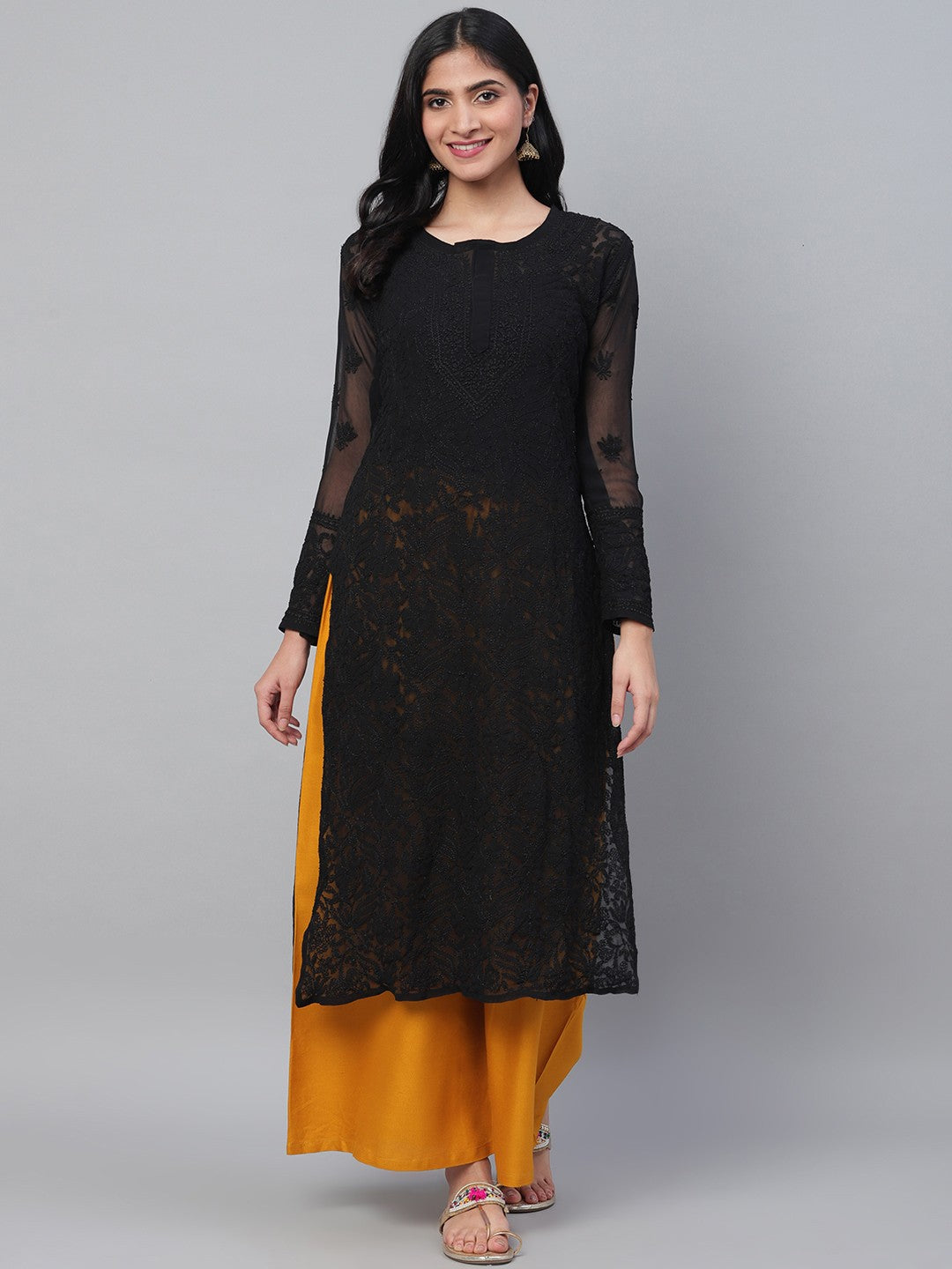 Ada Hand Embroidered Black Georgette Lucknow Chikankari Kurta A100589