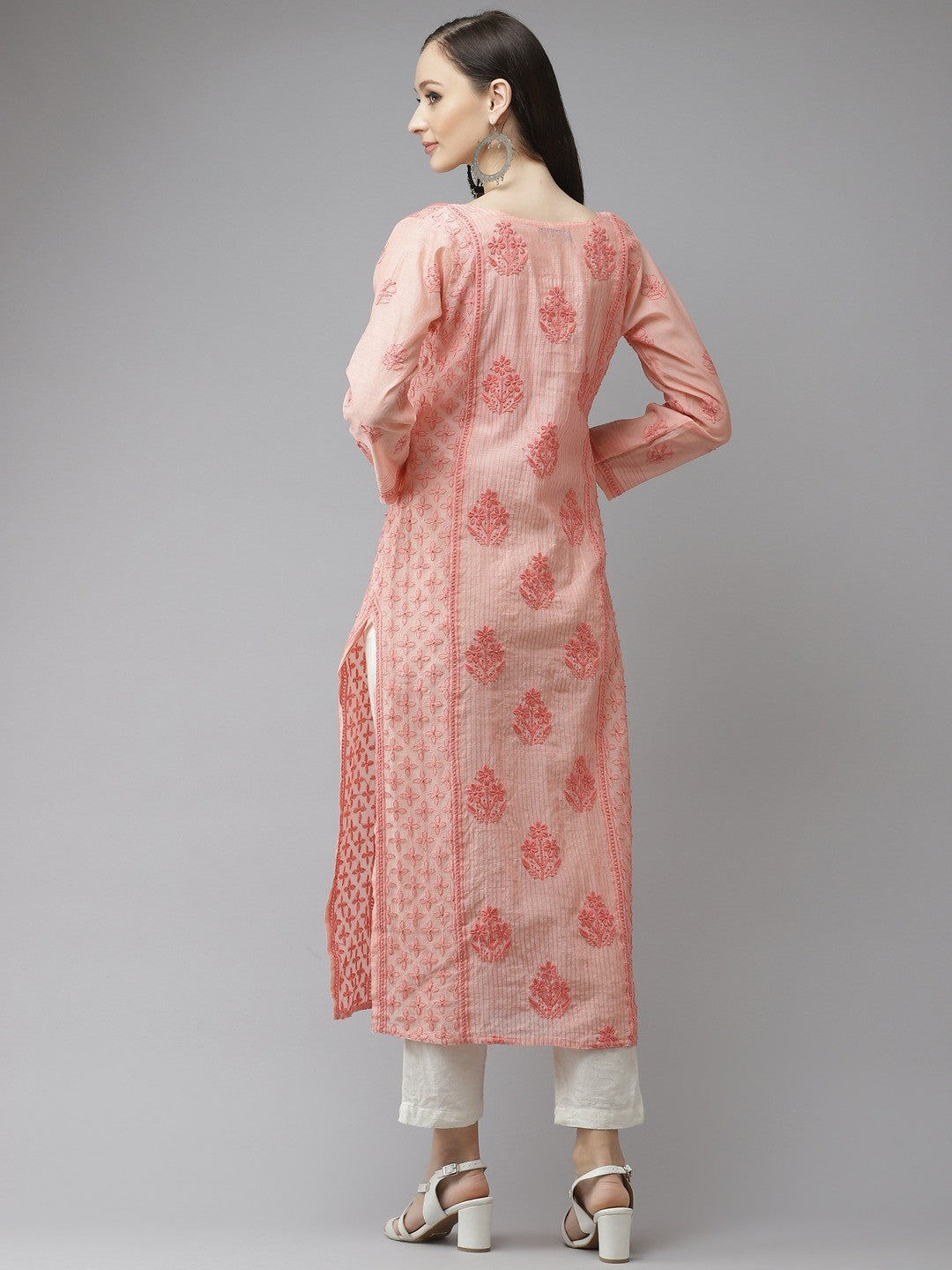 Ada Hand Embroidered Peach Chanderi Lucknow Chikankari Kurta-A411312
