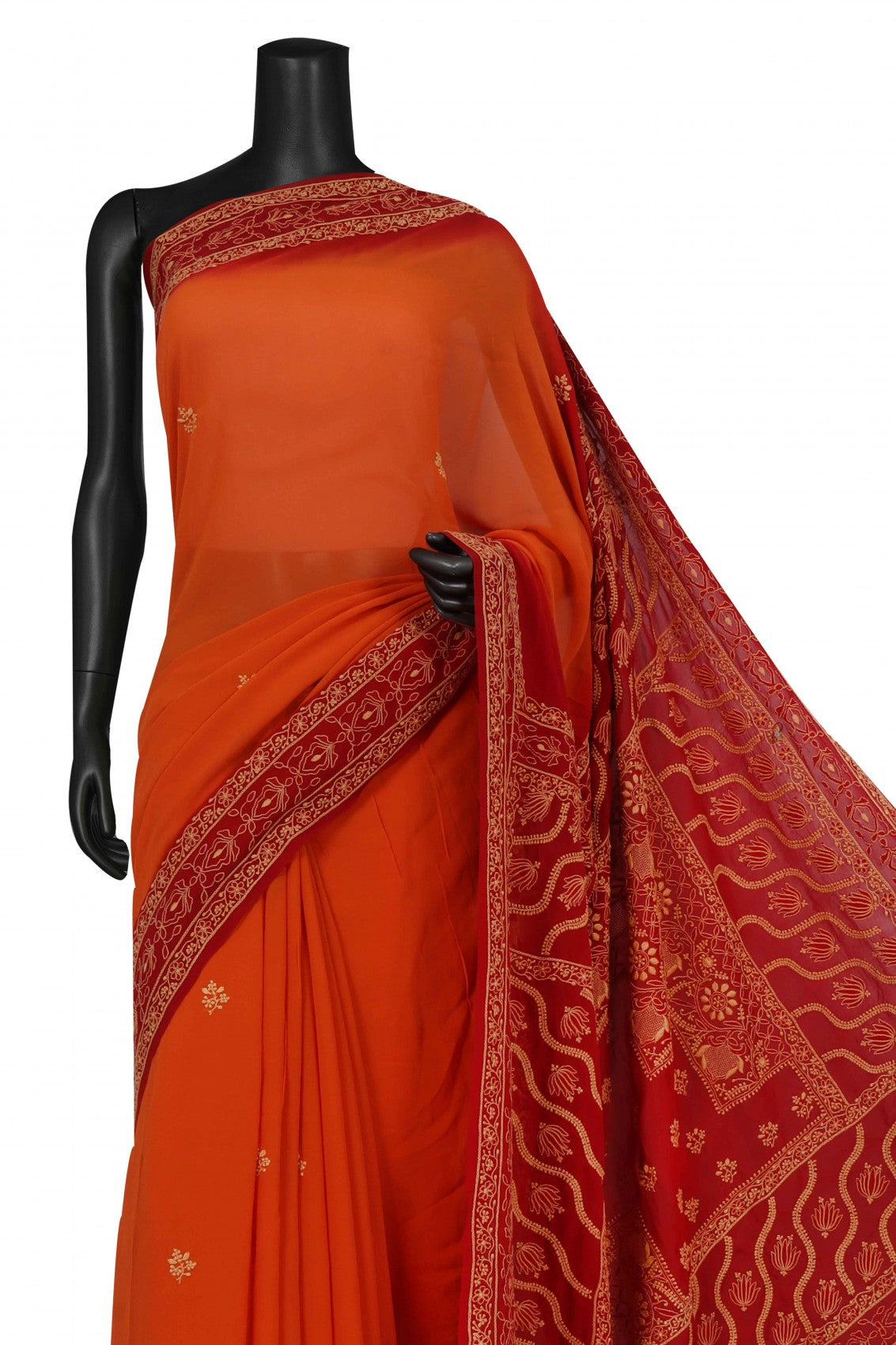 Ada Hand Embroidered Rust and Red Ombre Shade Pure Georgette Lucknowi Chikankari Saree With Blouse 01A224311
