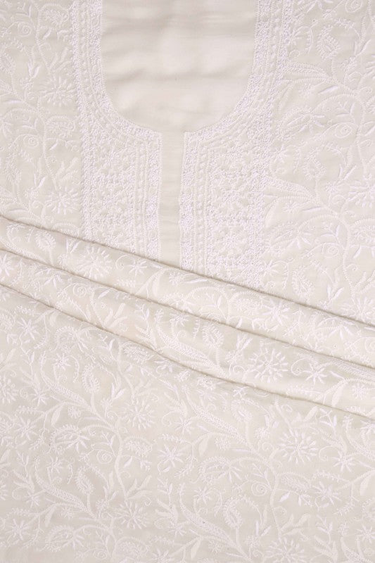 Ada Hand Embroidered Off White Pure Georgette Lucknowi Chikan Unstitched Kurta Piece- A625465