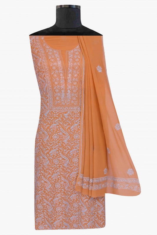 Ada Hand Embroidered Rust Pure Georgette Lucknowi Chikan Unstitched Kurta Dupatta A557083