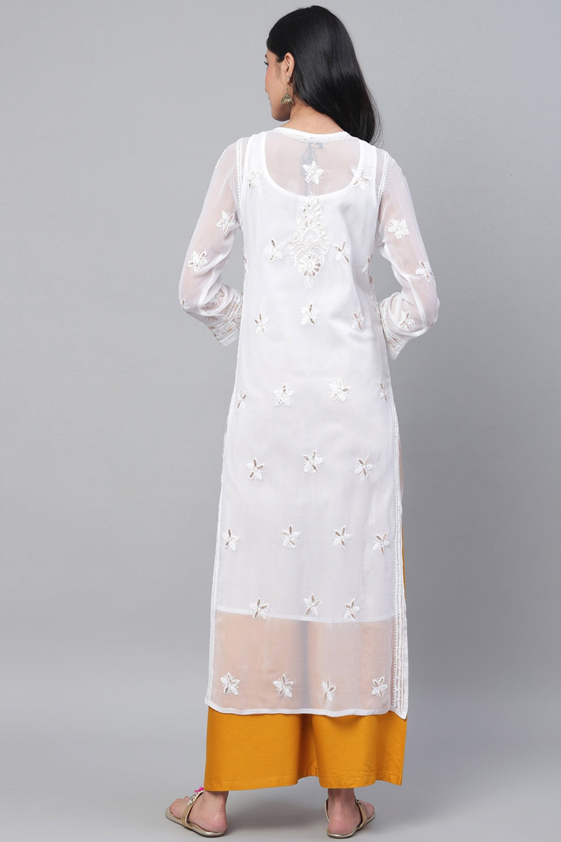 Ada Hand Embroidered White Georgette Lucknowi Chikankari Straight Kurta/Slip with Gota patti Work A411114