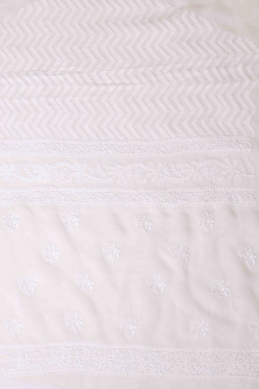 Ada Hand Embroidered White Pure Georgette Lucknowi Chikan Unstitched Kurta Dupatta Set A467217