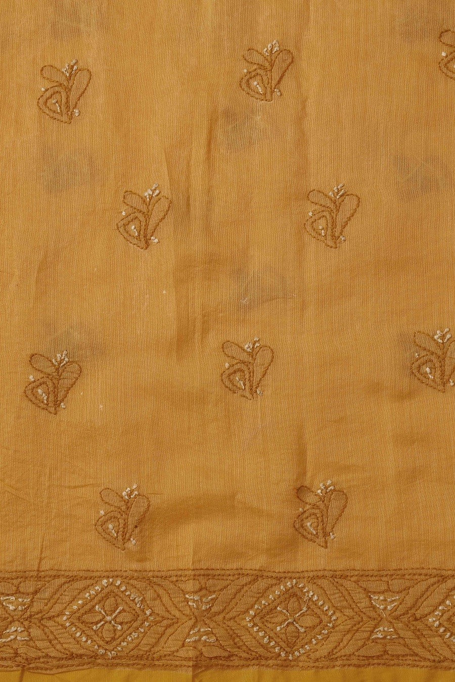 Ada Hand Embroidered Mustard Chanderi Lucknowi Chikan Unstitched Kurta Dupatta Set - A609611