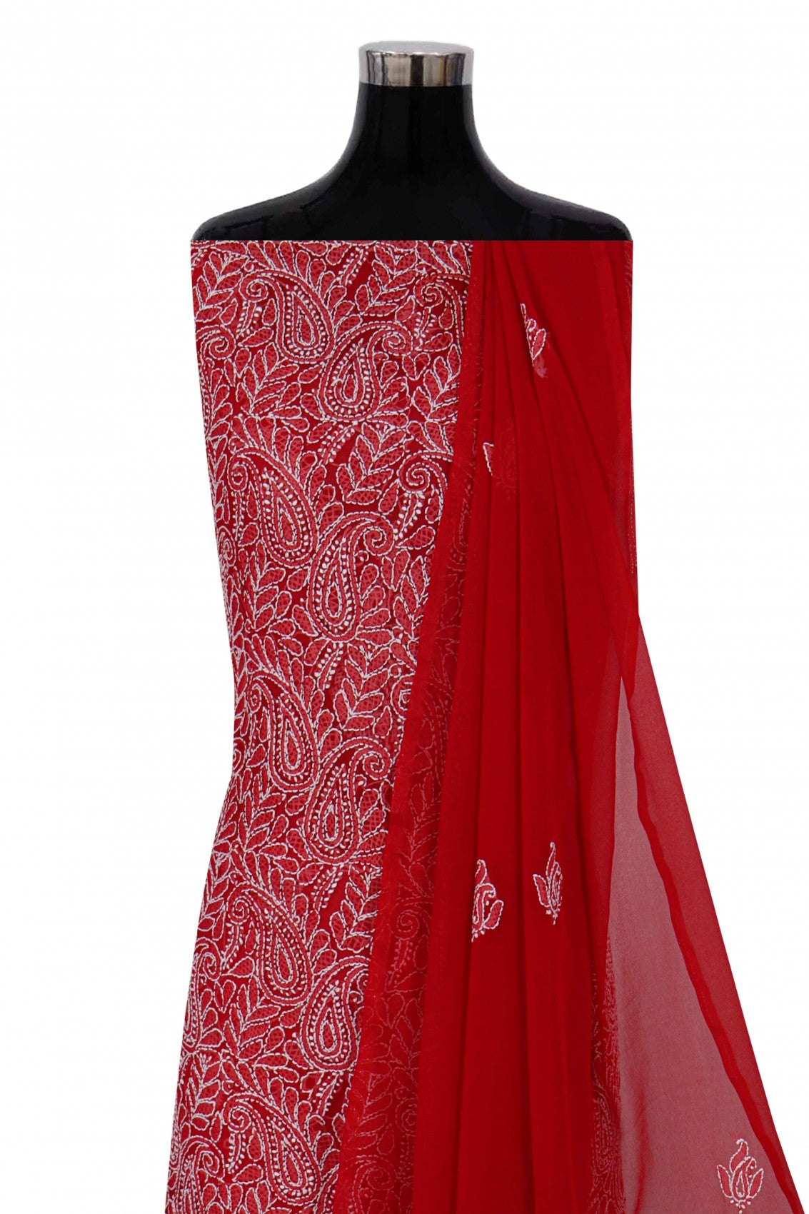 Ada Hand Embroidered Red Georgette Lucknowi Chikan Unstitched Suit Piece A507450