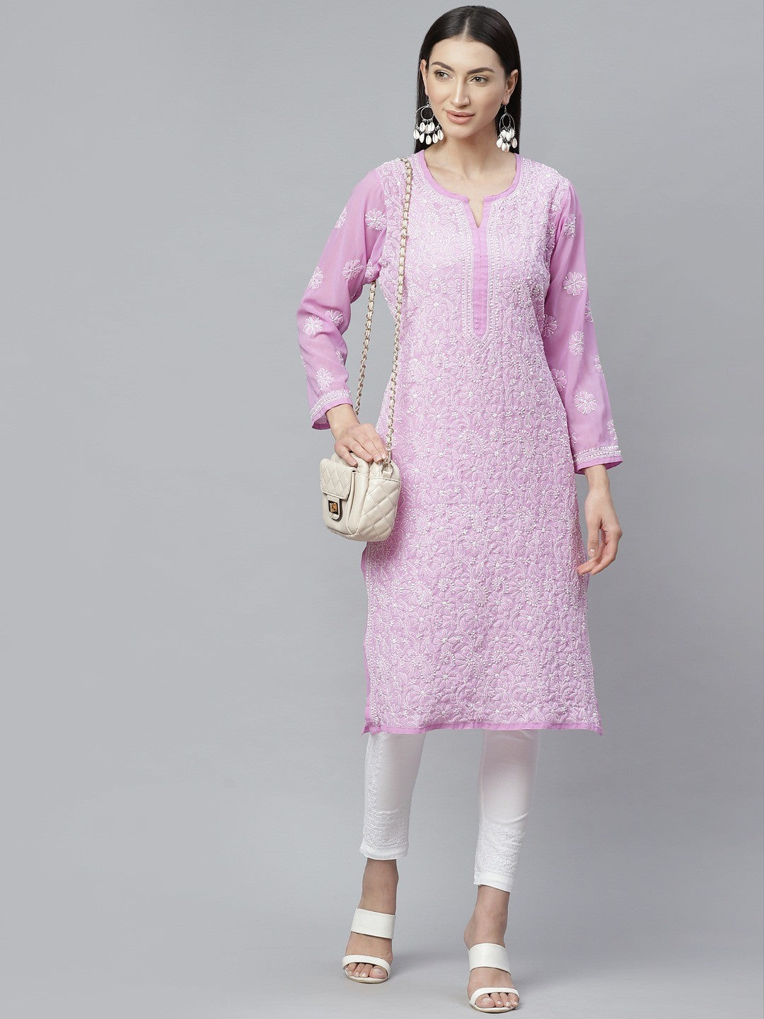 Ada Hand Embroidered Lavender and White Georgette Lucknowi Chikankari Kurta with Trouser Set A811141