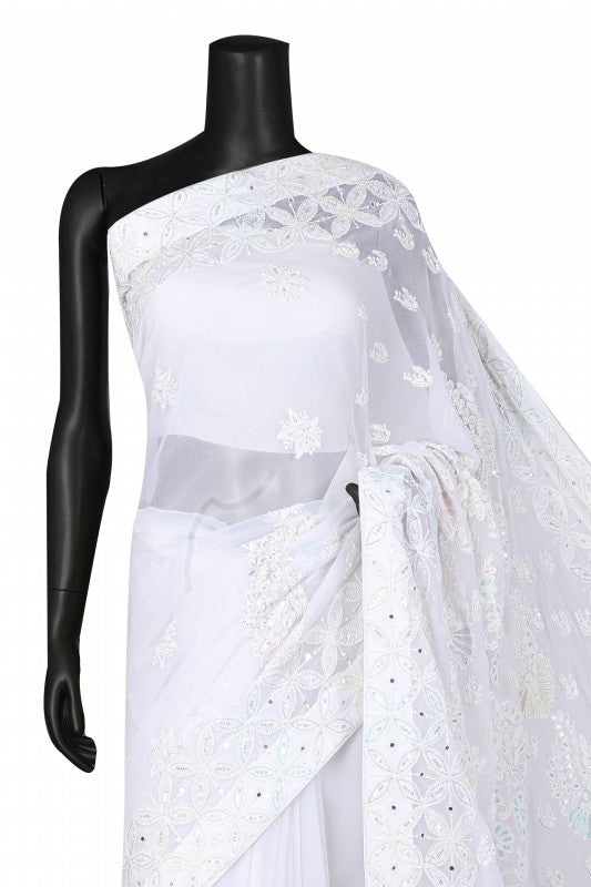 Ada Hand Embroidered White Georgette Lucknowi Chikankari Saree/Blouse with Sequinned Work A260377