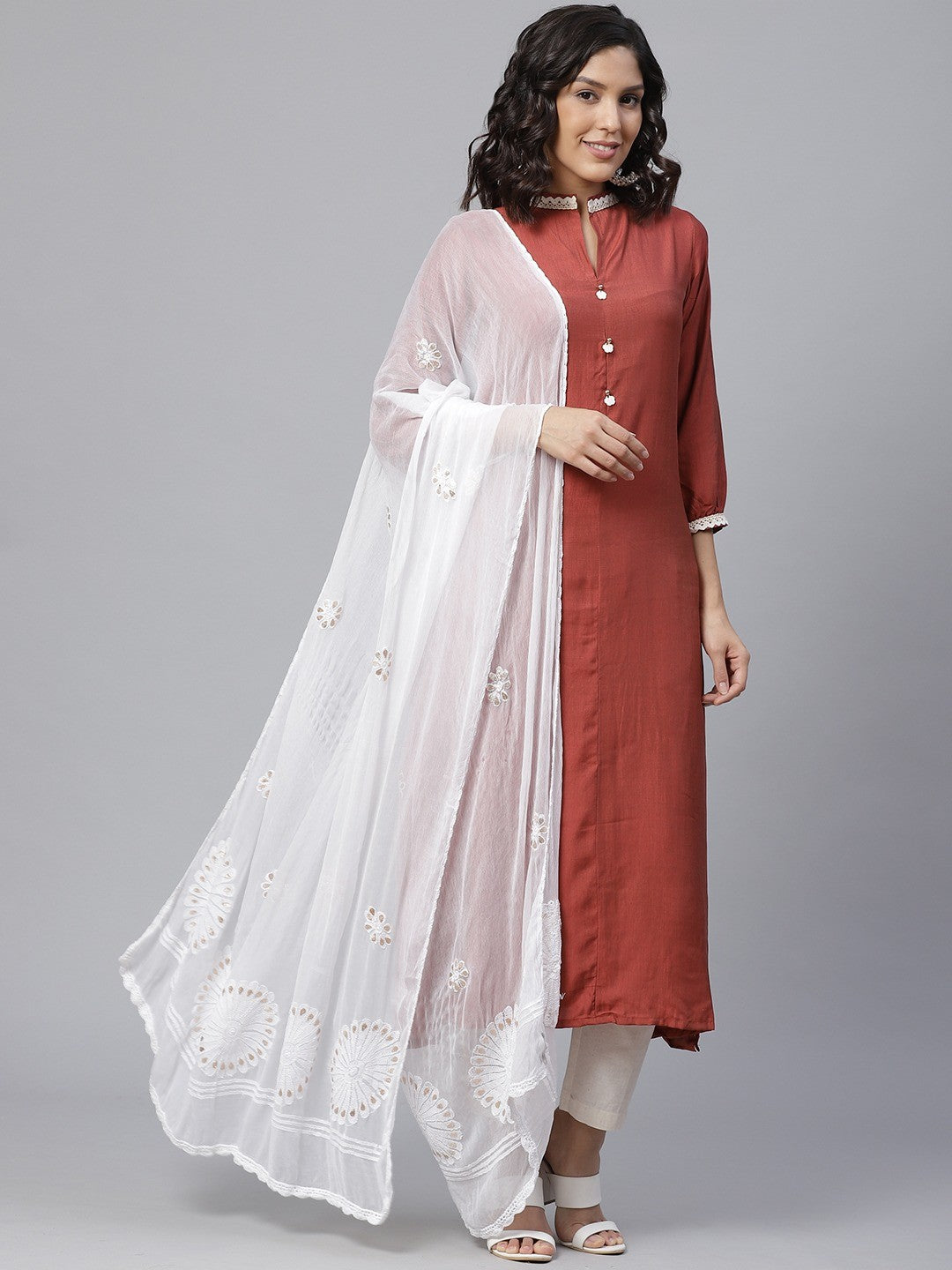 Ada Hand Embroidered White Chiffon Lucknowi Chikankari Dupatta With Gota Patti Work – A100575