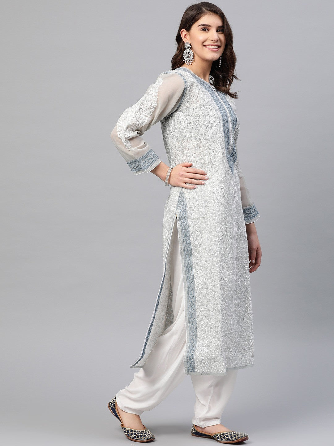 Ada Hand Embroidered Grey Cotton Lucknow Chikan Kurta A411163