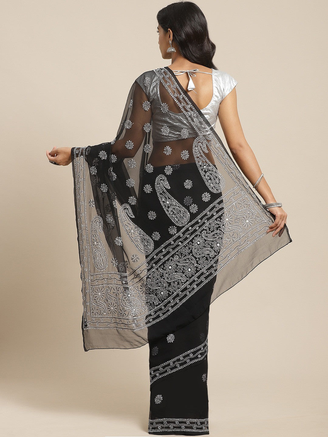 Ada Hand Embroidered Black Georgette Lucknow Chikan Saree with Blouse A311121