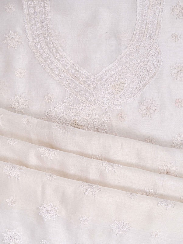 Ada Hand Embroidered White Chanderi Lucknowi Chikan Unstitched Kurta Dupatta Set A594194