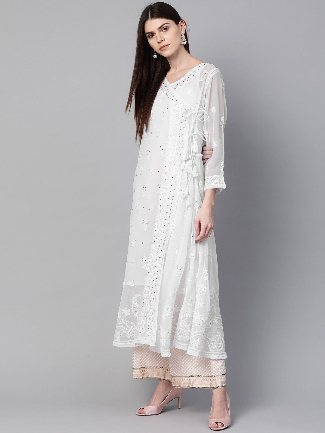 Ada Hand Embroidered White Georgette Lucknow Chikankari Angarkha Kurta/Slip with Muqaish Work A100430