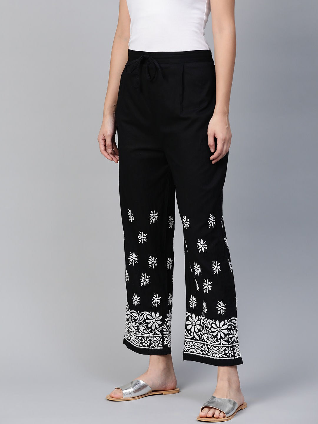 Ada Hand Embroidered Black Cotton Lucknowi Chikankari Palazzo A528760