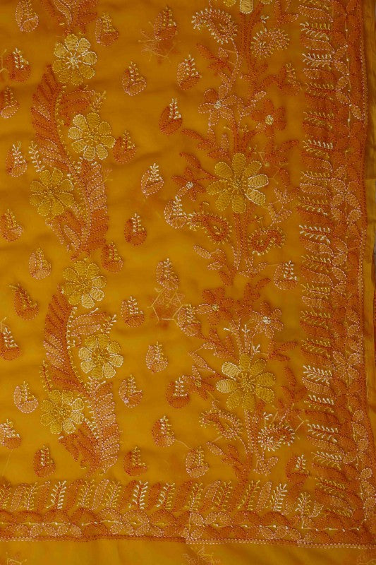 Ada Hand Embroidered Tangerine Orange Georgette Lucknowi Chikankari Saree with Blouse A610288