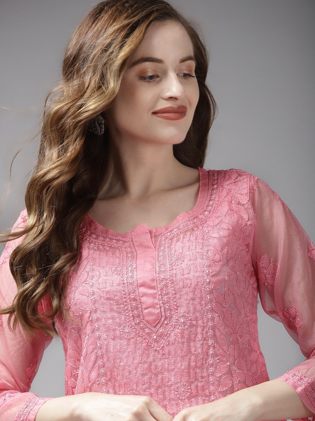 Ada Hand Embroidered Pink Organza Lucknowi Chikankari Short Kurti With Slip A911164