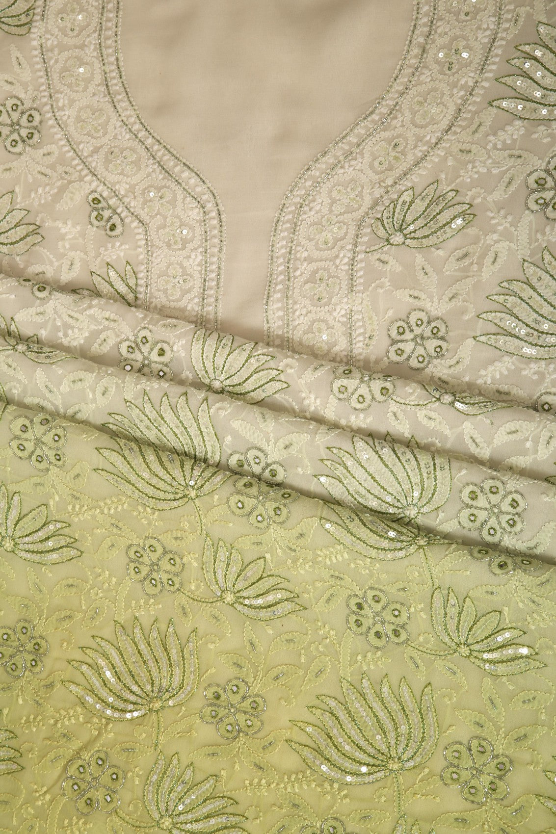 Ada Hand Embroidered Lime Green & Tea Green Ombre Shade Georgette Lucknowi Chikankari Unstitched Kurta Dupatta Set With Cutdana Work 01A255320
