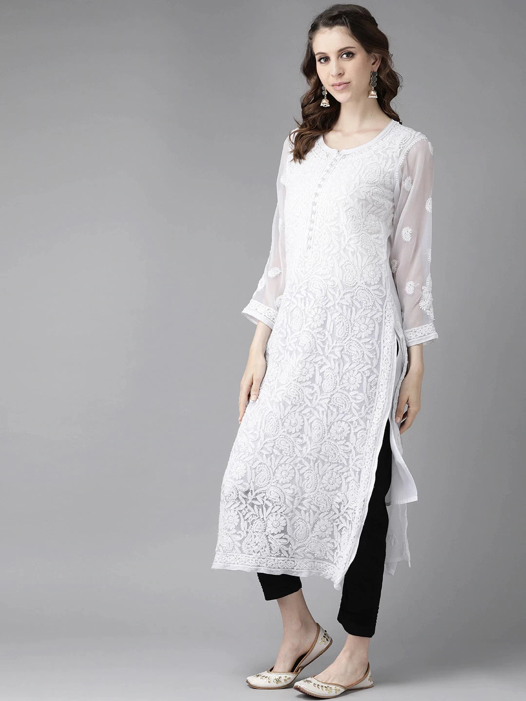 Ada Hand Embroidered White Georgette Lucknowi Chikankari Straight Kurta Set With Slip A811176