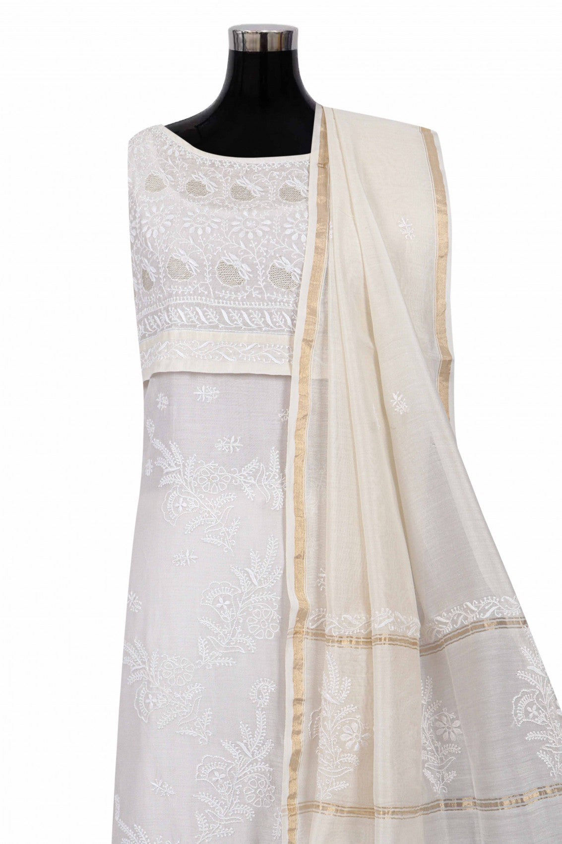 Ada Hand Embroidered Off White Chanderi Lucknowi Chikankari Semi-stitched Kurta Dupatta Set With Zari Work 01A124160