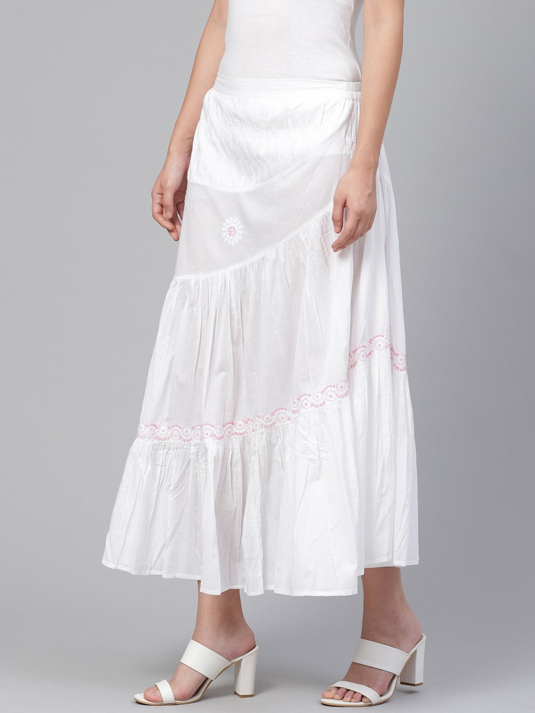 Ada Hand Embroidered White And Pink Cotton Lucknow Chikan Skirt A100312