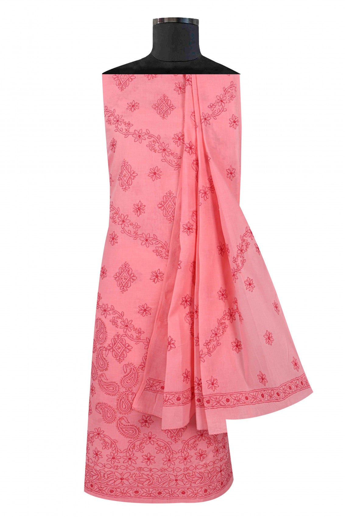 Ada Hand Embroidered Punch Pink Cotton Lucknowi Chikankari Unstitched Suit Piece 01A178593