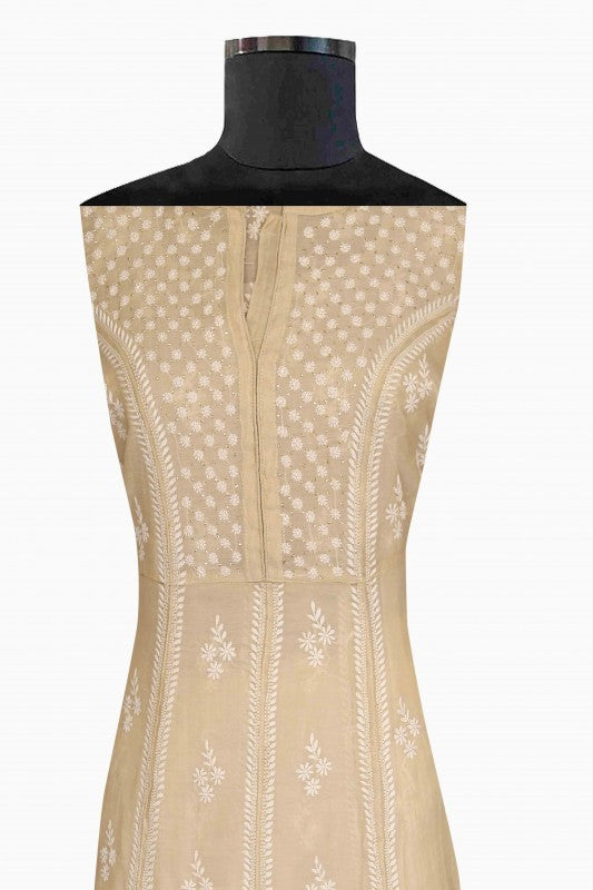 Ada Hand Embroidered Natural Fawn Tissue Lucknowi Chikankari Semi-Stitched Kurta Piece With Muqaish Work A597262