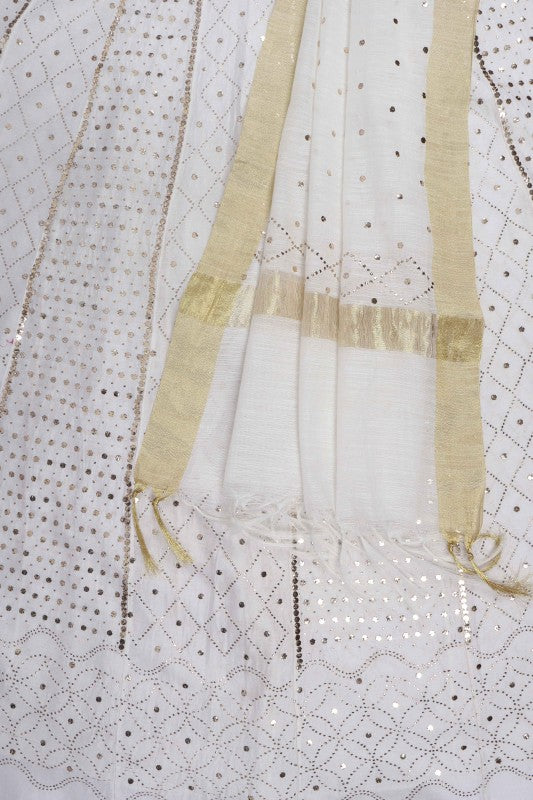Ada Hand Embroidered White Chanderi Lucknowi Chikankari Semi-Stitched Anarkali Kurta Dupatta Set With Muqaish Work 01A156455