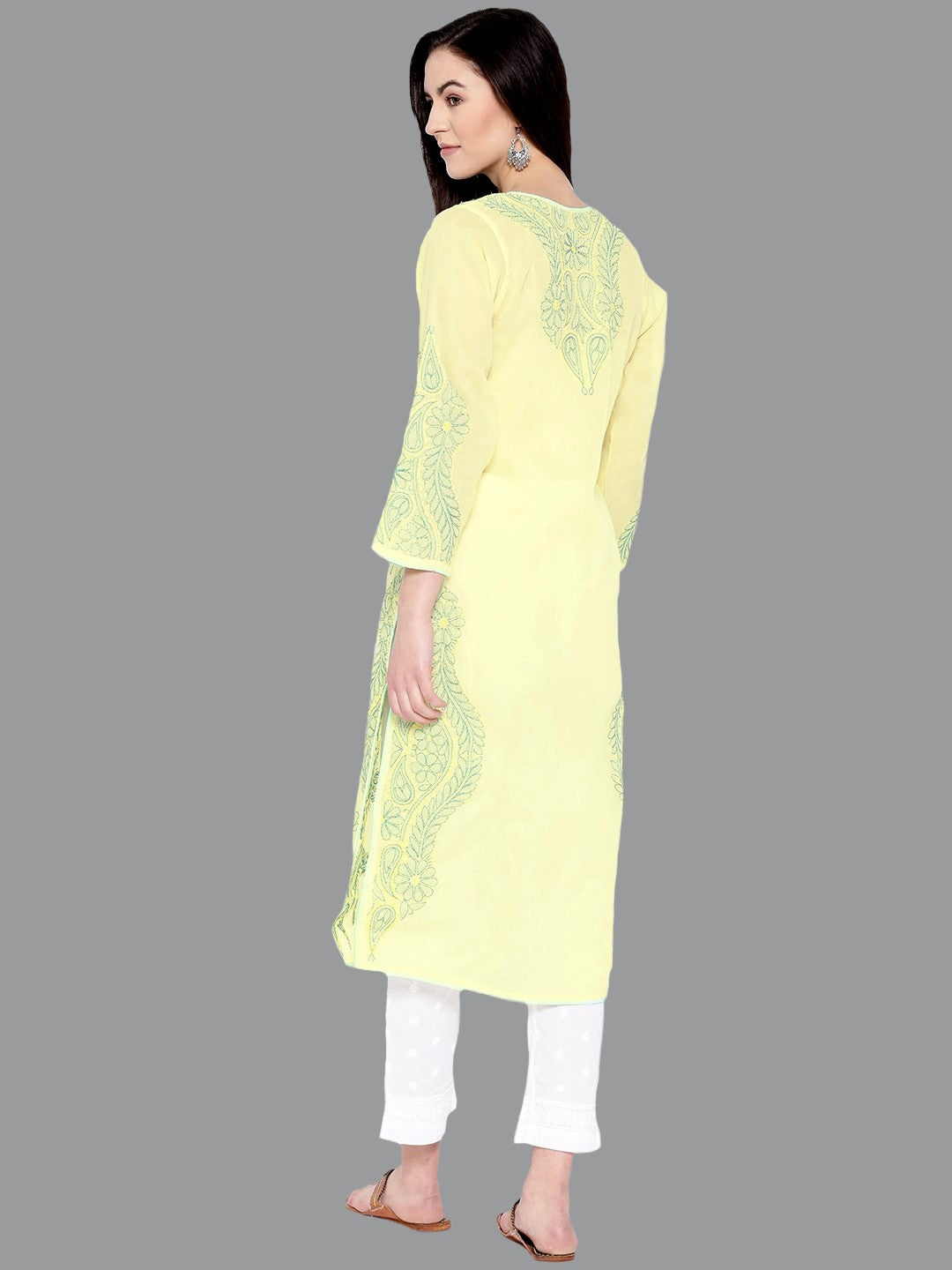 Ada Hand Embroidered Lemon Cotton Lucknow Chikankari Kurta with Palazzo Set A100228