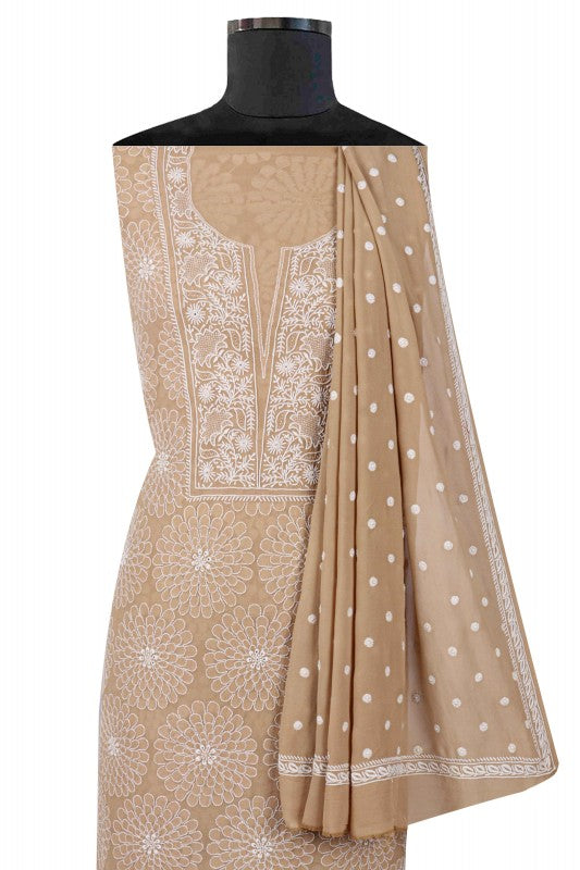 Ada Hand Embroidered Fawn Pure Georgette Lucknowi Chikan Unstitched Kurta Dupatta Set A489983